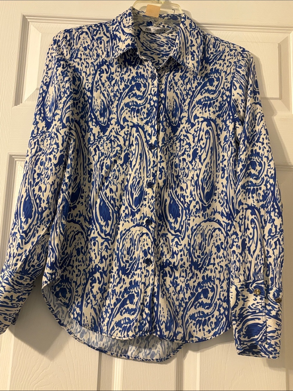 Zara Blue and White Paisley Long Sleeve Button-Up
